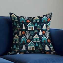 Scandinavian Winter Village Cushion Cover, Nordic Houses & Trees Throw Pillow Case On Dark Blue, Cozy Christmas Decor For Sofa Or Bed - thumbnail 1