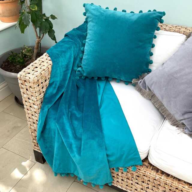 Teal Velvet Throw Blanket Cotton Pompom Trim, Luxury Bedding - image 1
