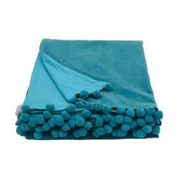 Teal Velvet Throw Blanket Cotton Pompom Trim, Luxury Bedding - thumbnail 3