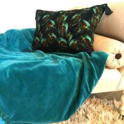 Teal Velvet Throw Blanket Cotton Pompom Trim, Luxury Bedding - thumbnail 2