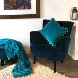Teal Velvet Throw Blanket Cotton Pompom Trim, Luxury Bedding - thumbnail 4
