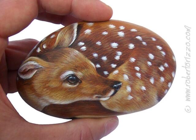 Hand-Painted Fawn Sea Stone - Original Rock Painting Art - image 1