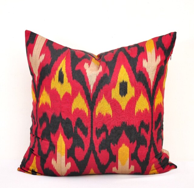 Dark Red Silk Ikat Pillow Cover, Handloom Cushion - 20x20 - image 1