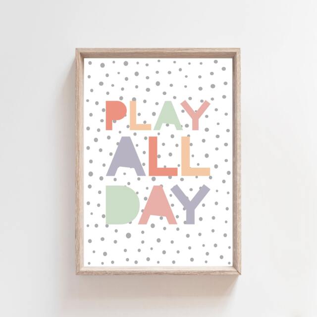 Play All Day Print, Girls Nursery Prints, Wall Art, Bedroom Playroom Rainbow Prints - image 1