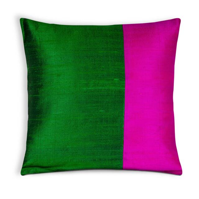 Color Block Raw Silk Pillow Cover, Hot Pink & Emerald Green - image 1