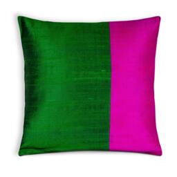 Color Block Raw Silk Pillow Cover, Hot Pink & Emerald Green - thumbnail 1