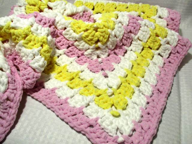 Crochet Baby Blanket Pink Yellow & White Chenille Blanket, Girl - image 1