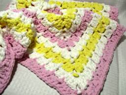 Crochet Baby Blanket Pink Yellow & White Chenille Blanket, Girl - thumbnail 1