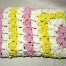 Crochet Baby Blanket Pink Yellow & White Chenille Blanket, Girl - thumbnail 2