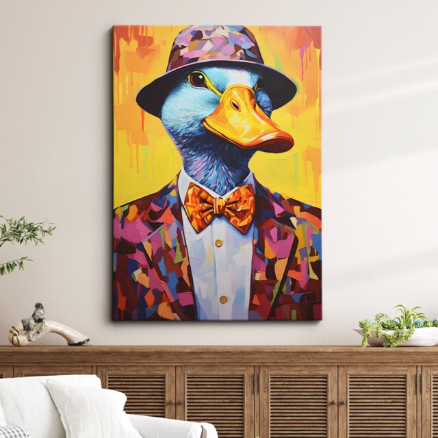 Duck With Suit Top Hat Animal Abstract Oil Painting Splatter Style Wall Art, Framed Canvas Poster Print, Home Kitchen Office Room Decor - image 1