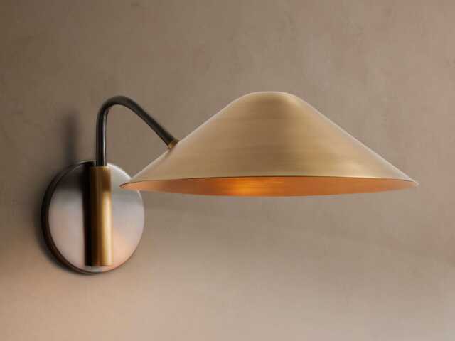 Mid Century Modern Brass Wall Sconce - Minimalist Cone Shade Lamp Industrial Matte Black & Gold Bedside Reading Light - image 1
