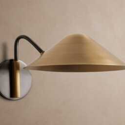 Mid Century Modern Brass Wall Sconce - Minimalist Cone Shade Lamp Industrial Matte Black & Gold Bedside Reading Light - thumbnail 3