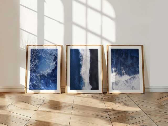 Set Of 3 Beach Prints Blue Wall Art Living Room Sea Aerial View Ocen Posters - image 1
