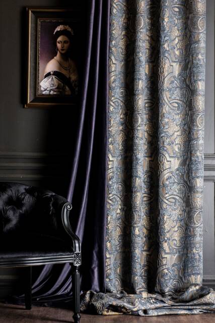 striped Patterned Curtain Panel Luxury Gold Gray Turquoise Fabric - image 1