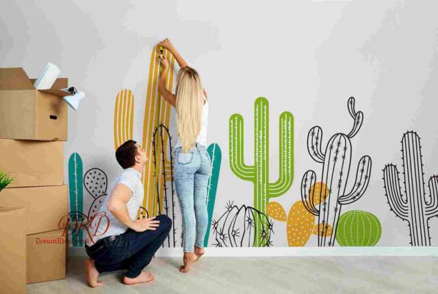 Cactus Wall Decals, Nursery Large Mural, Tropical Palm Leaf Art, Kids, Baby, Nursery, Nature Wall Sticker-Dk382 - image 1
