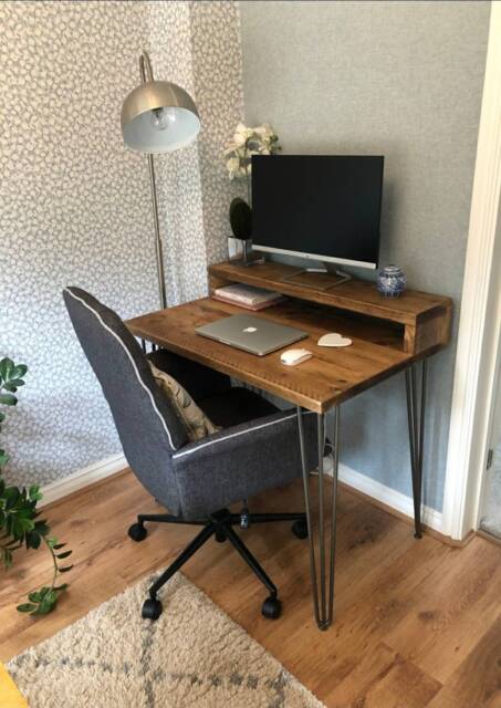 Ashford Rustic Reclaimed Style Desk With Monitor Shelf Hairpin Legs - image 1
