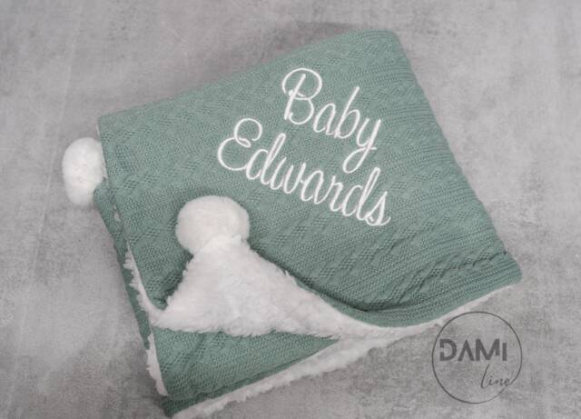 Personalised Embroidered Sage Baby Blanket - Cable Knit Blanket/Sherpa Reverse New Gift Pram - image 1
