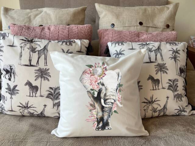 Elephant Plush White Deluxe Scatter Cushion. Soft Feel African Elephant With Proteas - image 1