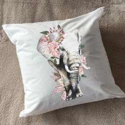Elephant Plush White Deluxe Scatter Cushion. Soft Feel African Elephant With Proteas - thumbnail 2