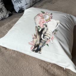 Elephant Plush White Deluxe Scatter Cushion. Soft Feel African Elephant With Proteas - thumbnail 3