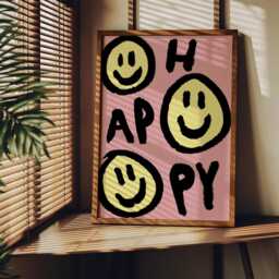 Happy Unframed Print - Faces Poster Hand Drawn Art Positive Wall Smile Funky Graffiti Colourful Decor Bold - thumbnail 3