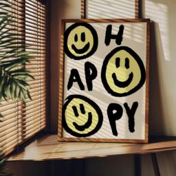 Happy Unframed Print - Faces Poster Hand Drawn Art Positive Wall Smile Funky Graffiti Colourful Decor Bold - thumbnail 1