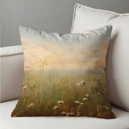 Wildflower Meadow Cushion Cover, Soft Pastel Landscape Pillow Case, Rustic Nature Decor, 18x18 - thumbnail 4