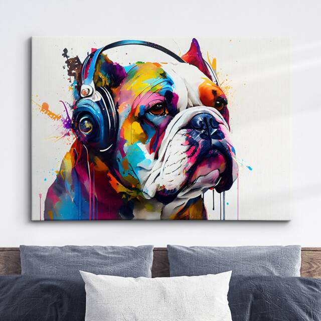 Bulldog With Headphones Dog Pet Abstract Modern Painting Wall Art, Framed Canvas Poster Print, Home Kitchen Office Room Decor, Gifts - image 1