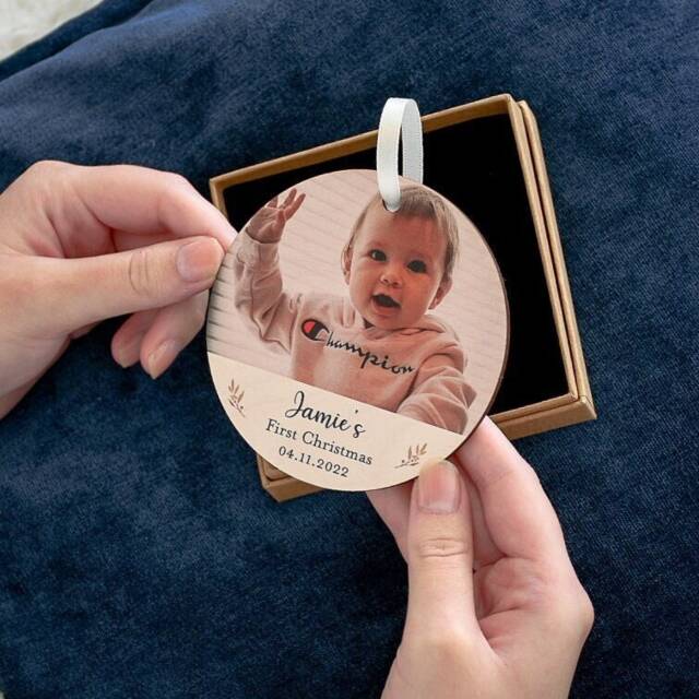 Wooden Photo Bauble, New Baby First Christmas Tree Grandparents Gift, Personalised Baby's Keepsake - image 1