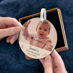 Wooden Photo Bauble, New Baby First Christmas Tree Grandparents Gift, Personalised Baby's Keepsake - thumbnail 3
