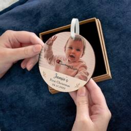 Wooden Photo Bauble, New Baby First Christmas Tree Grandparents Gift, Personalised Baby's Keepsake - thumbnail 1