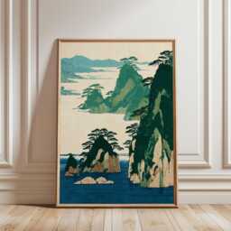 Japanese Coastal Mountain Poster - Vintage Woodblock Seascape Traditional Asian Landscape Art - thumbnail 1