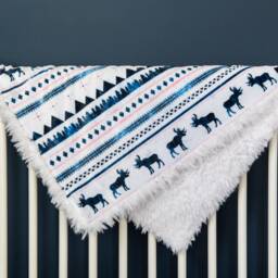 Lodge Moose Mountain Baby Blanket, Crib Bedding, Faux Fur Trendy Minky Blue & Pink Blanket - thumbnail 4