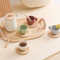 Personalized Silicone Wood Tea Party Playset, Kids Pretend Play Tray Set, Toddler Role Kitchen Toy, Grandson Nephew Baby Shower Gift - thumbnail 2