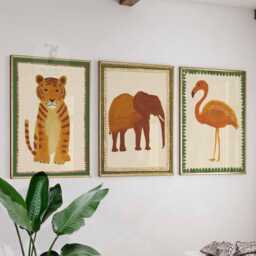 Set Of 3 Safari Animal Posters, Tiger Elephant & Flamingo Prints, Jungle Wall Art, Kids Room Decor, Nursery Poster Set, Gift - thumbnail 1