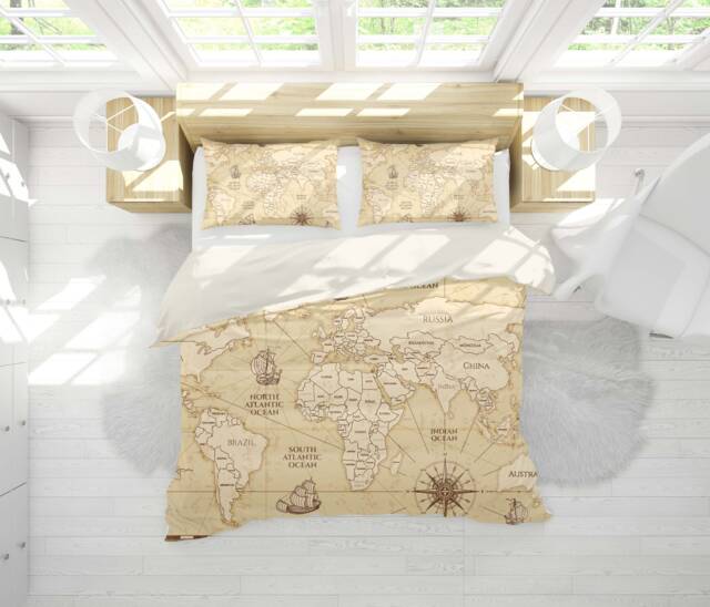 3D World Map Duvet Cover Set, Beige Parchment Bedding - image 1