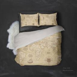 3D World Map Duvet Cover Set, Beige Parchment Bedding - thumbnail 3