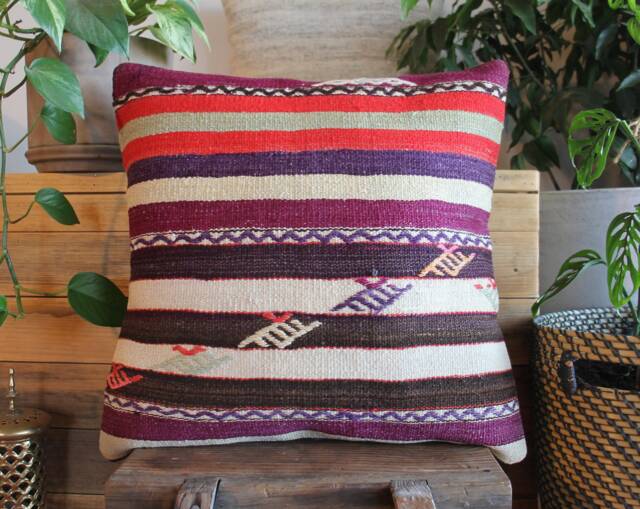 50cm - 20Inch Vintage Kilim Cushion Cover Handwoven - Striped Purple White Black - image 1