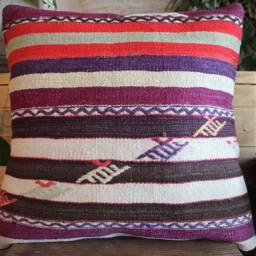 50cm - 20Inch Vintage Kilim Cushion Cover Handwoven - Striped Purple White Black - thumbnail 2