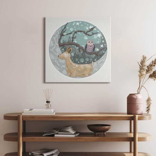 Nocturnal Animals & The Moon Canvas, Wall Art Picture, Beige Decoration, Animals Canvas - image 1