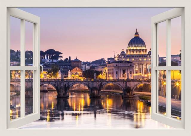 Rome Wall Decal, 3D Window View Sticker Mural, Italy Decor Sticker, Bridge Bedroom Home Living Room