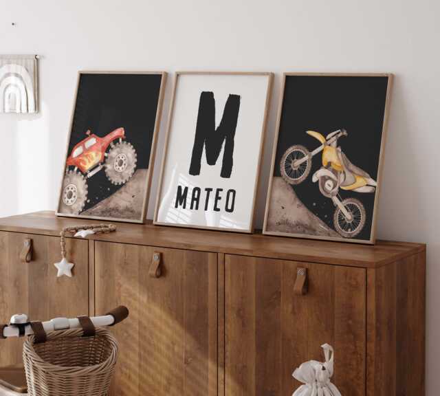 Personalized Monster Truck & Dirt Bike Print Set Boys Bedroom Wall Art - image 1
