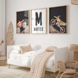 Personalized Monster Truck & Dirt Bike Print Set Boys Bedroom Wall Art - thumbnail 2