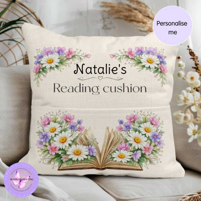 Personalised April Birth Flower Cushion Daisy Reading With Pocket Custom Name Gift Book Lover Linen Pillow Present - image 1