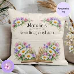 Personalised April Birth Flower Cushion Daisy Reading With Pocket Custom Name Gift Book Lover Linen Pillow Present - thumbnail 1