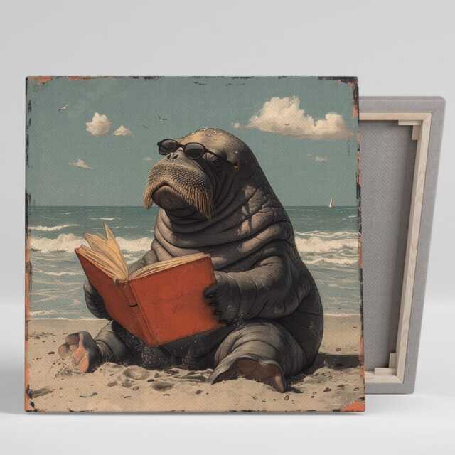 Walrus Wall Art, Canvas Or Poster, Whimsical Coastal Decor, Living Room Office Library Bedroom Blue Brown White Grey Surrealism - image 1