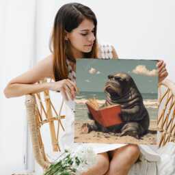 Walrus Wall Art, Canvas Or Poster, Whimsical Coastal Decor, Living Room Office Library Bedroom Blue Brown White Grey Surrealism - thumbnail 3