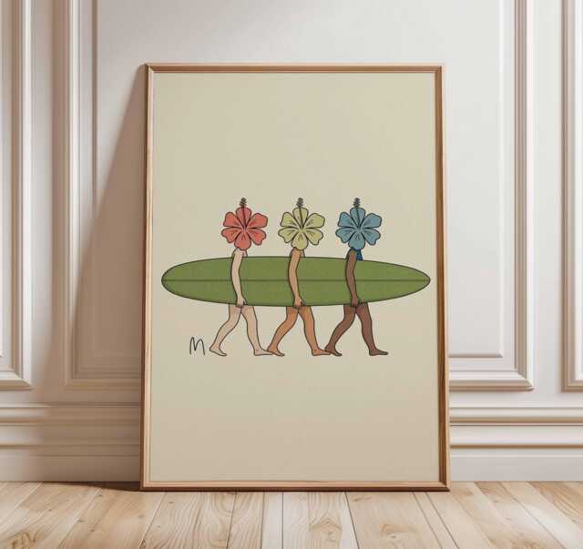 Surfboard Flower Head Poster - Tropical Beach Wall Art Print, Retro Surfing Illustration, Summer Coastal Decor, Surfer Home - image 1