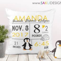 Penguin Baby Pillow-Birth Announcement-Nursery Decor-Baby Pillow-Penguin-Keepsake Pillow-Personalized Pillow-New Baby-Birth Stats-Custom - thumbnail 3