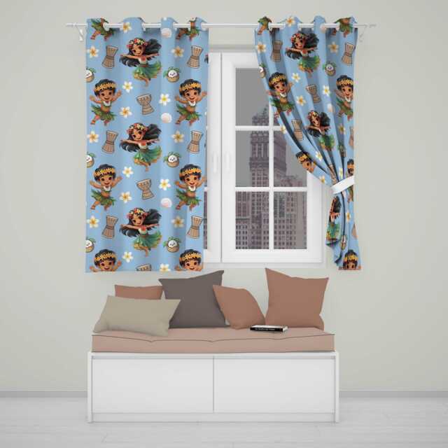 Cute Hula Girl Blue Background Tropical Flowers Coconut Seamless Pattern Readymade Eyelet Ring Top Thermal 100% Blackout Curtains - image 1